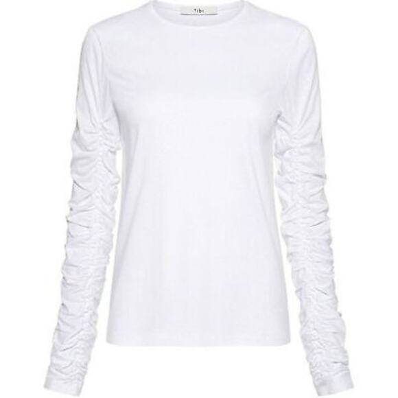 TIBI Mercerized Ruched Long Sleeve Top Womens Small Crew Neck Cotton Knit Tee - Picture 1 of 16